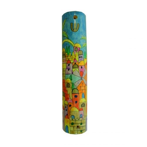 Yair Emanuel Large Hand Painted Wood Mezuzah Case - Colorful Jerusalem