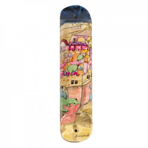 Yair Emanuel Large Hand Painted Wood Mezuzah Case - Jerusalem in Pink