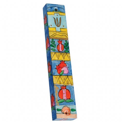 Yair Emanuel Large Hand Painted Wood Mezuzah Case, Pomegranates and Gold Bands