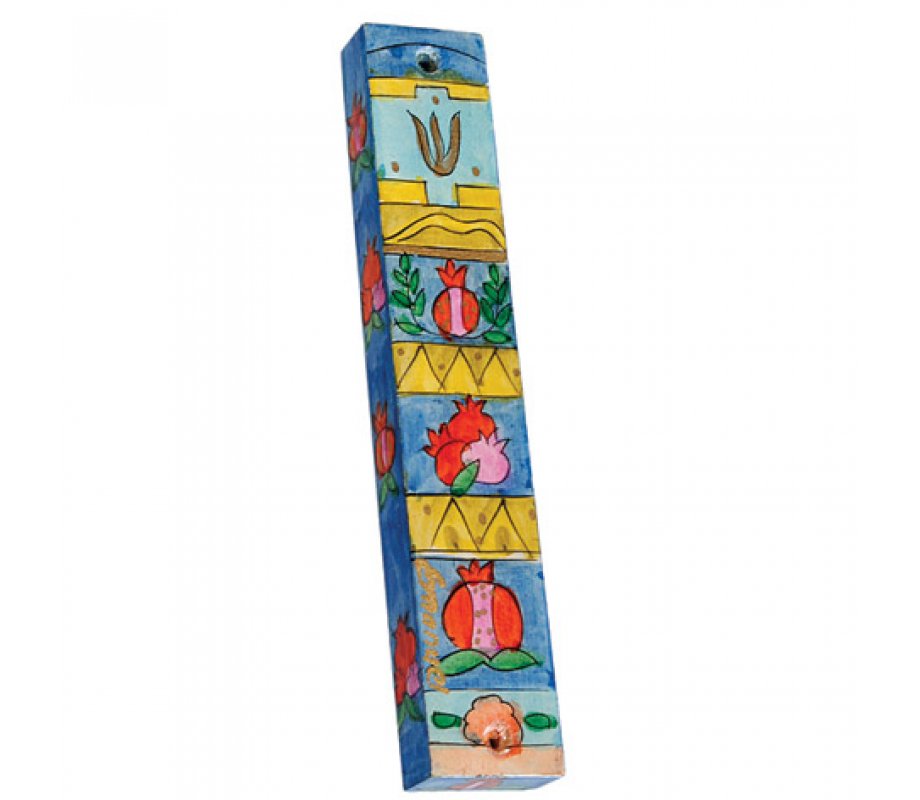 Yair Emanuel Large Hand Painted Wood Mezuzah Case, Pomegranates and Gold Bands