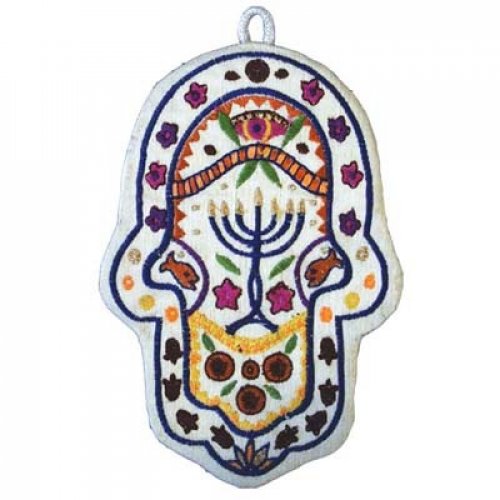 Yair Emanuel Large Hand-embroidered Wall Hamsa - Menorah