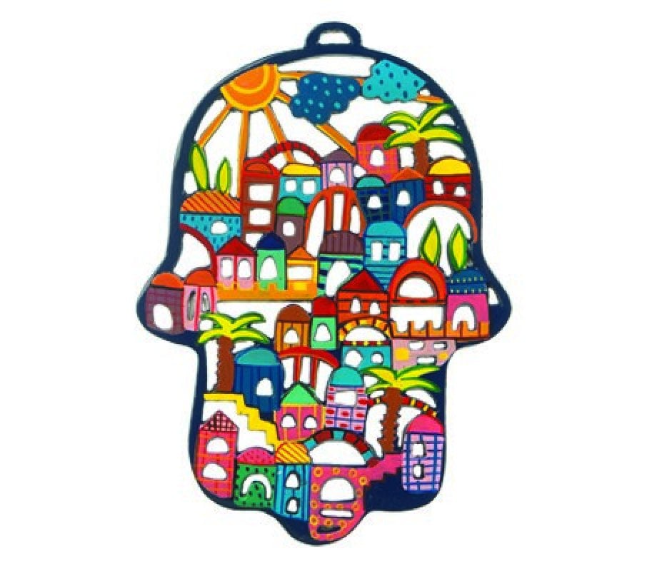 Yair Emanuel Large Laser Cut Hand-Painted Wall Hamsa, Colorful - Jerusalem