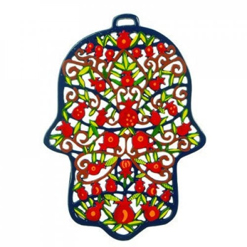 Yair Emanuel Large Laser Cut Hand-painted Wall Hamsa - Pomegranates