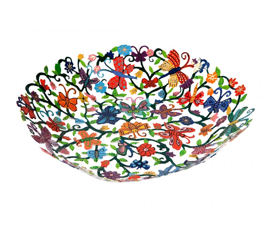 Yair Emanuel Laser Cut Hand Painted Colorful Bowl - Butterflies