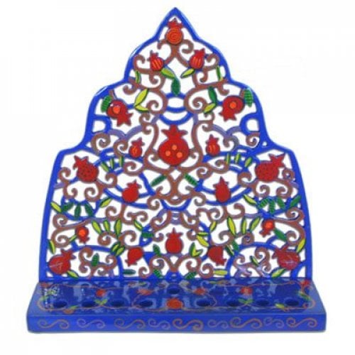 Yair Emanuel Laser Cut Hand-Painted Hanukkah Menorah - Pomegranate Display