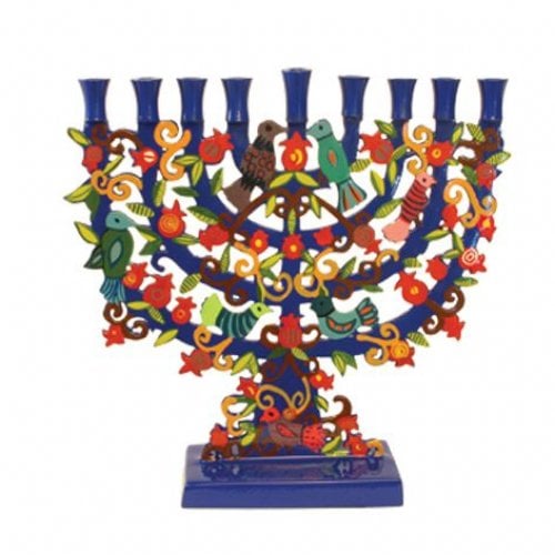 Yair Emanuel Laser Cut Menorah - Hand-painted Birds Flowers Pomegranates