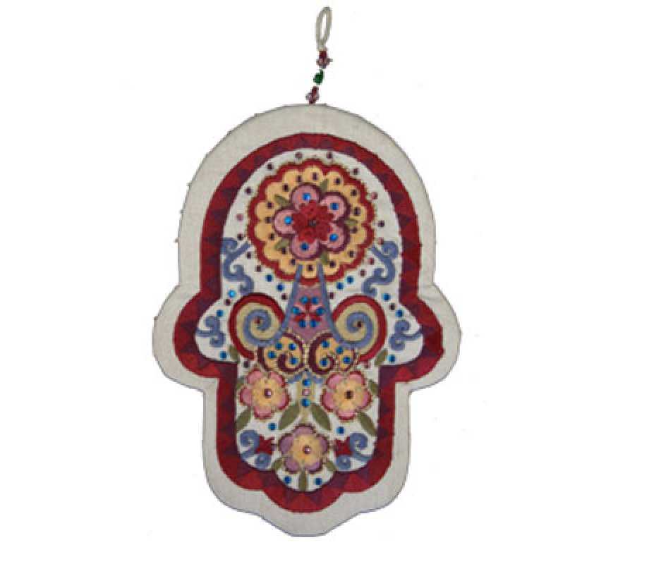 Yair Emanuel Maroon Hand-embroidered Silk Wall Hamsa - Flowers