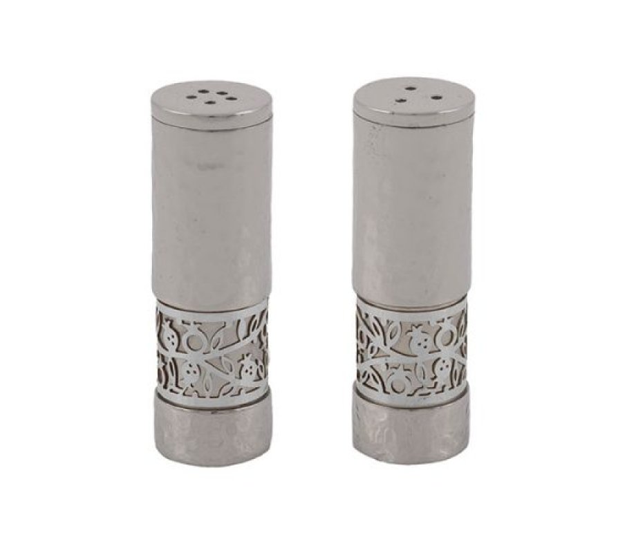 Yair Emanuel Matt and Hammered Salt and Pepper Shaker, Pomegranate Band – Silver
