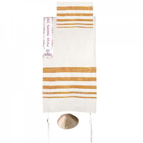 Yair Emanuel Medium Size Tallit Set, Embroidered Atara - Orange Stripes - 1 in stock