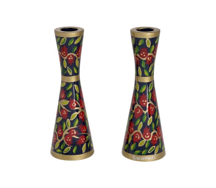 Yair Emanuel Medium Stainless Steel Medium Candlesticks - Red Pomegranates