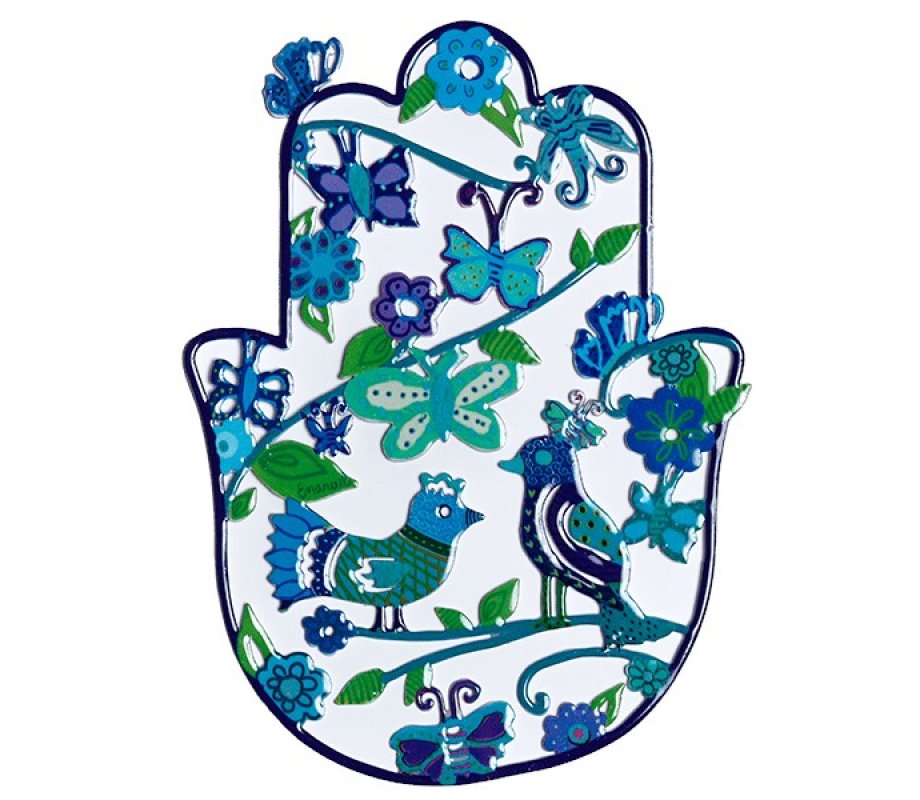 Yair Emanuel Medium Wall Hamsa with Birds and Flowers on Blue