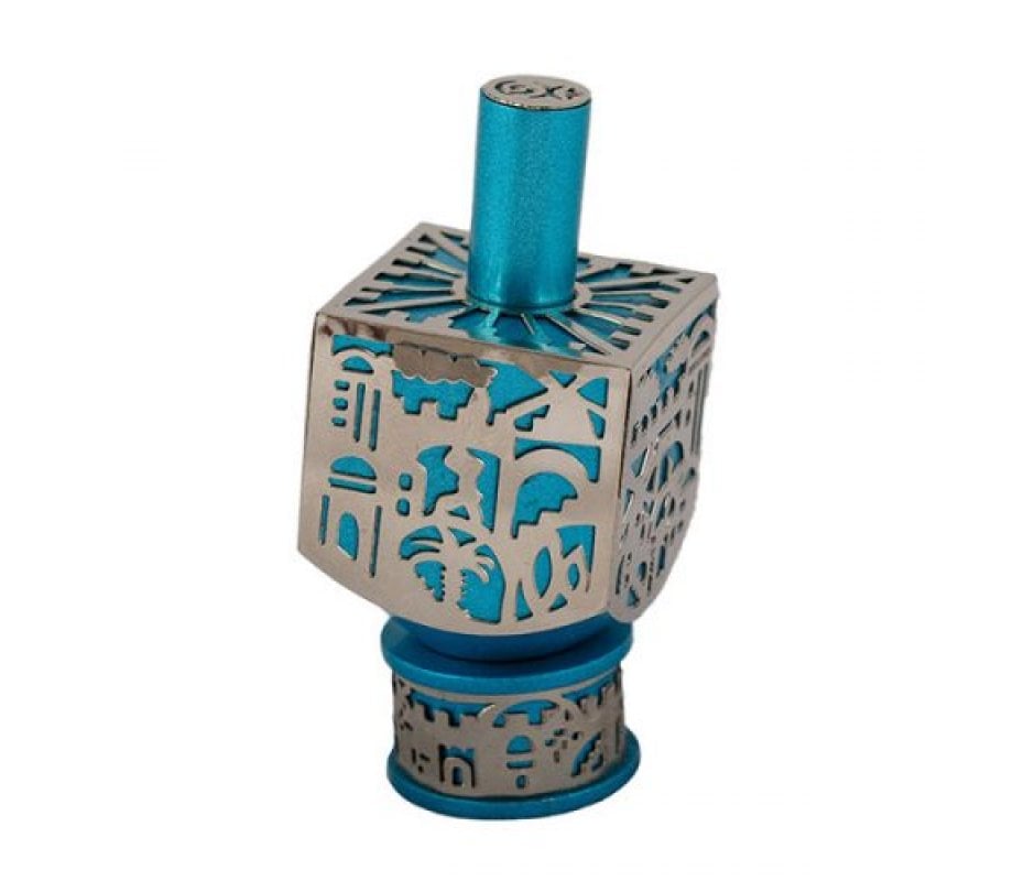 Yair Emanuel Metal Cutout Dreidel Jerusalem Design - Turquoise
