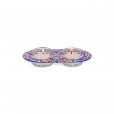 Yair Emanuel Metal and Glass Candle Holders for Tea Lights - Blue Eastern Flower Design