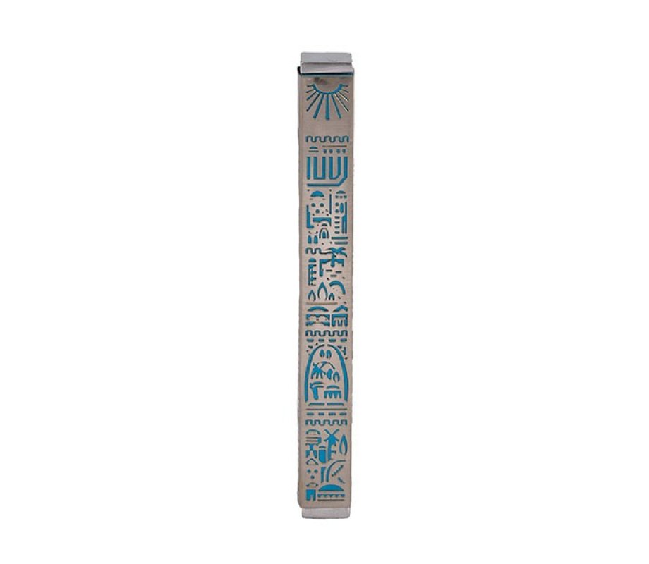 Yair Emanuel Mezuzah Case, Cutout Jerusalem Design - Silver and Turquoise