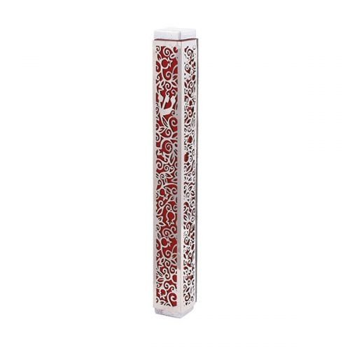 Yair Emanuel Mezuzah Case, Cutout Pomegranates and Flowers - Red