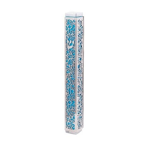 Yair Emanuel Mezuzah Case, Cutout Pomegranates and Flowers - Turquoise