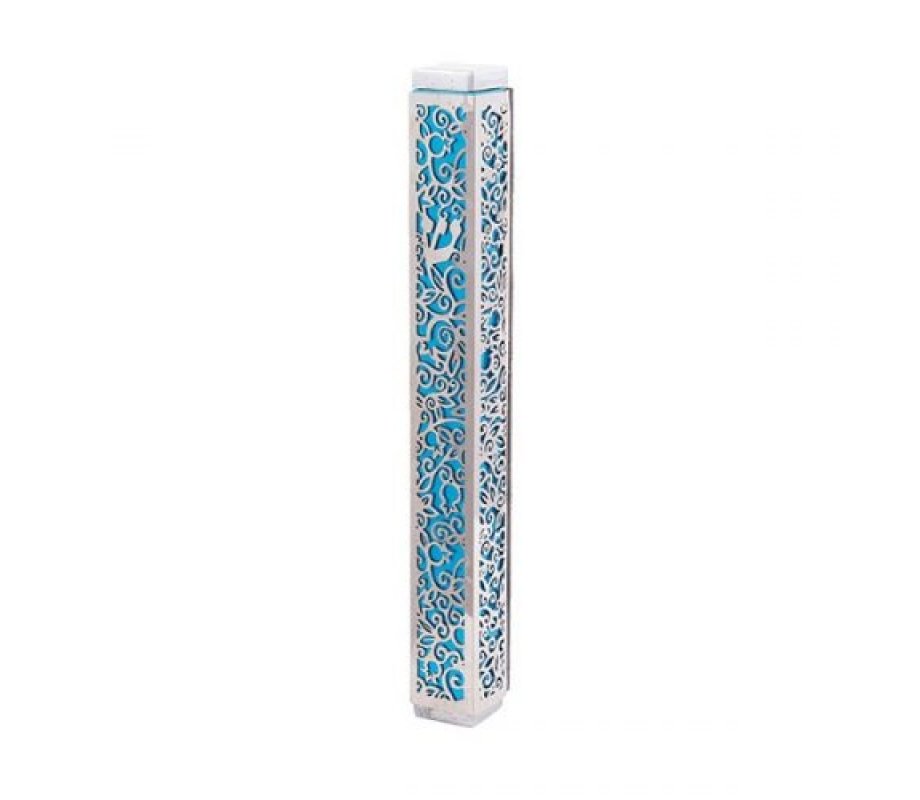 Yair Emanuel Mezuzah Case, Cutout Pomegranates and Flowers - Turquoise