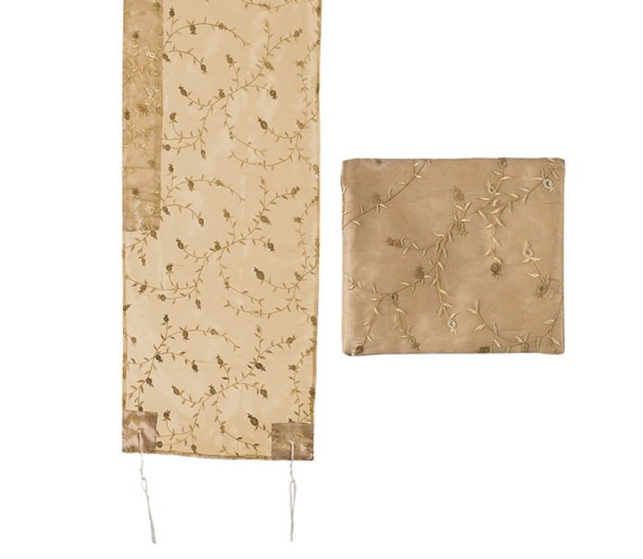 Yair Emanuel Organza Tallit Set, Floral and Leaf Design - Gold