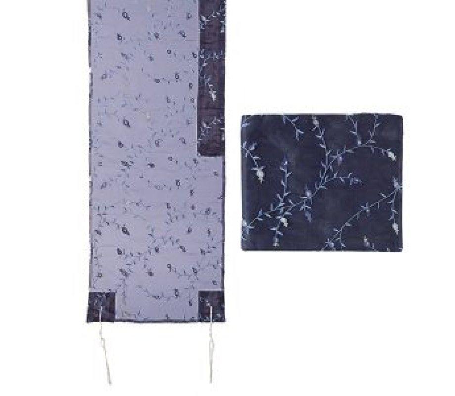 Yair Emanuel Organza Tallit Set, Flower Design - Blue