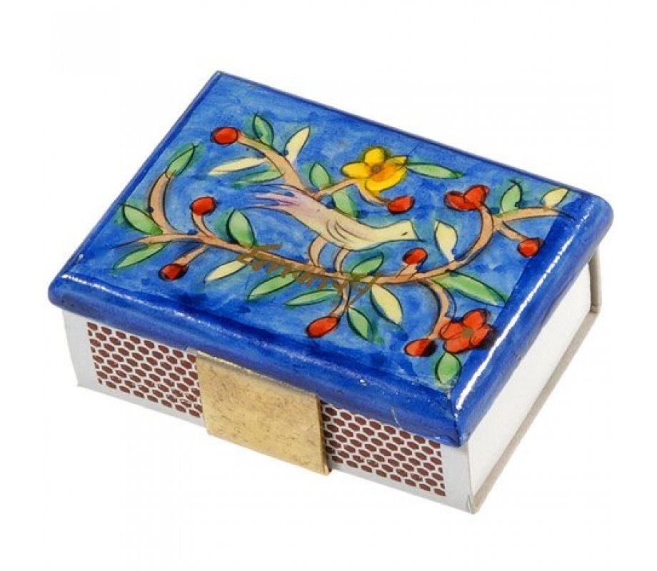 Yair Emanuel Painted Wood Matchbox Holder - Bird and Flowers
