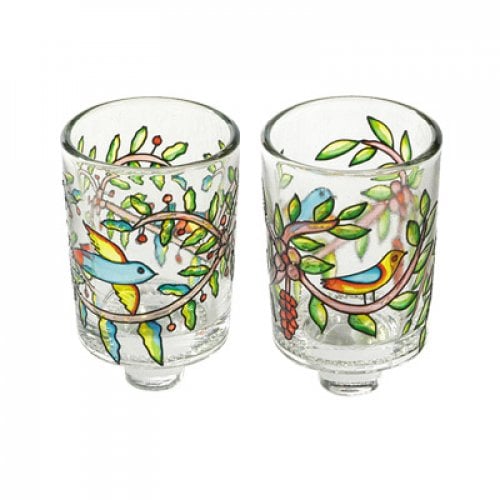 Yair Emanuel Pair of Stained Glass Colors Candle Holders - Birds