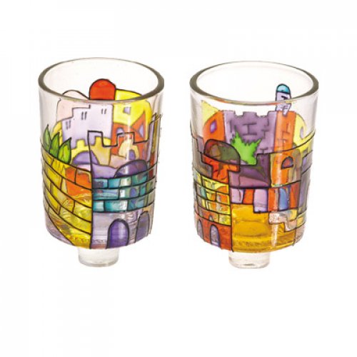 Yair Emanuel Pair of Stained Glass Colors Candle Holders - Jerusalem