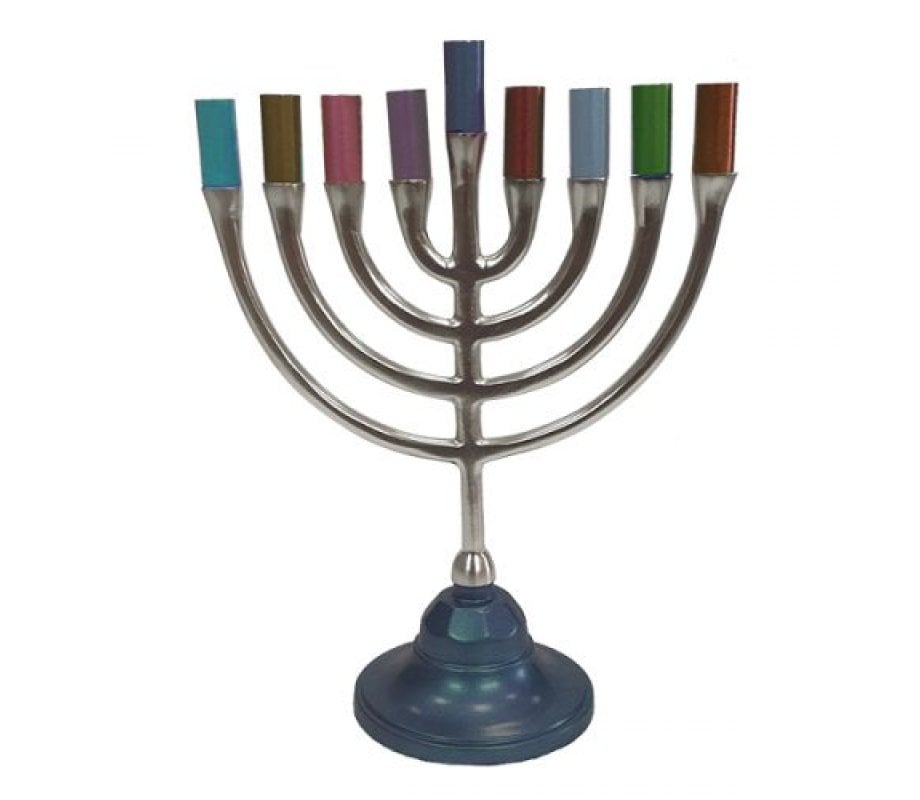 Yair Emanuel Pewter Chanukah Menorah, Traditional Style – Multicolored
