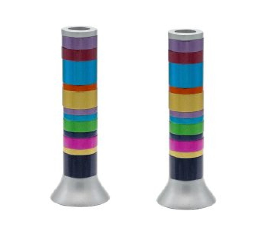Yair Emanuel Pillar Candlesticks with Full Decorative Rings – Choice of Colors