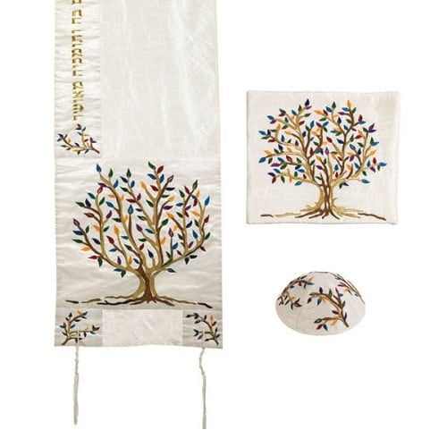 Yair Emanuel PolySilk Tallit Set Embroidered Tree of Life - Colorful