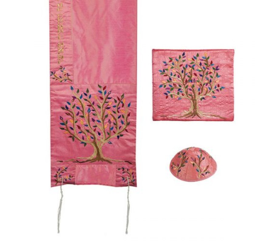 Yair Emanuel PolySilk Tallit Set Embroidered Tree of Life - Pink