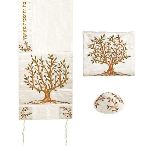 Yair Emanuel Polysilk Tallit Set Embroidered Tree of Life - Brown and Green