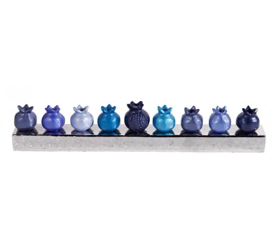 Yair Emanuel Pomegranate Hanukkah Menorah, Anodized Aluminum - Blue