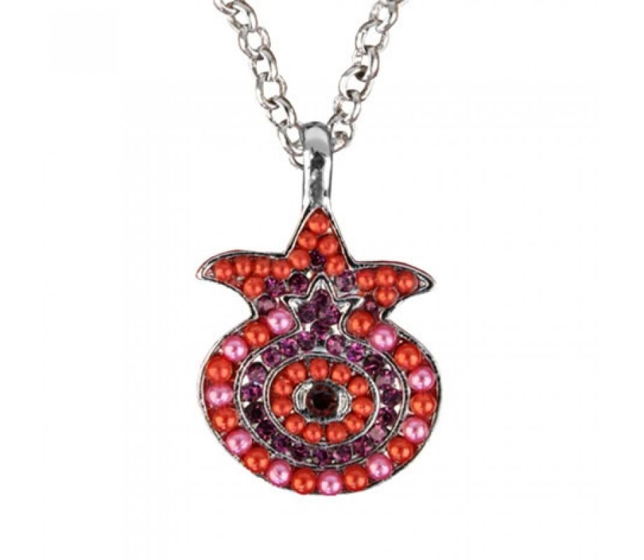 Yair Emanuel Pomegranate Pendant - Silver Plated Chain, Colored Stones