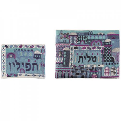 Yair Emanuel Raw Cotton Blue Tallit & Tefillin Bag Embroidered Jerusalem Scenes