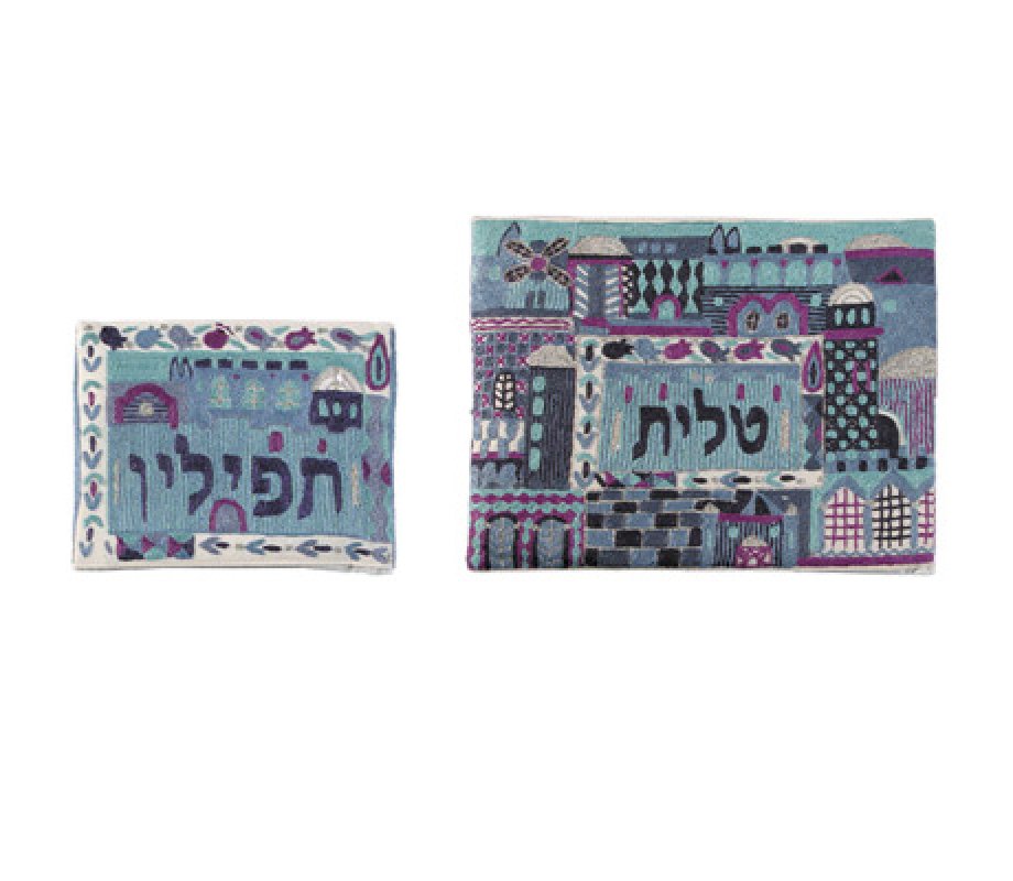 Yair Emanuel Raw Cotton Blue Tallit & Tefillin Bag Embroidered Jerusalem Scenes (Sold Separately)