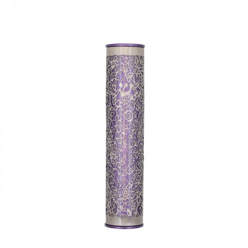 Yair Emanuel Rounded Mezuzah Case with Cutout Pomegranates – Silver on Purple
