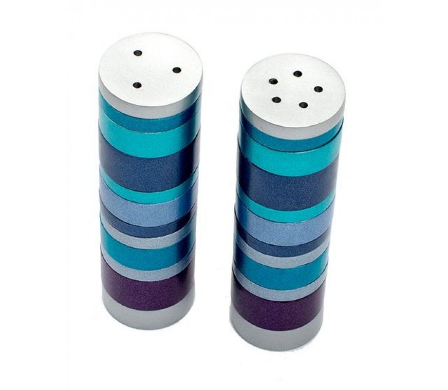 Yair Emanuel Salt and Pepper Shakers, Anodized Aluminum – Blue Rings