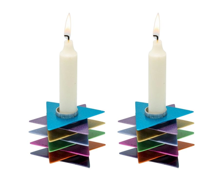 Yair Emanuel Shabbat Candlesticks, Stacked Triangle Stars of David – Multicolor