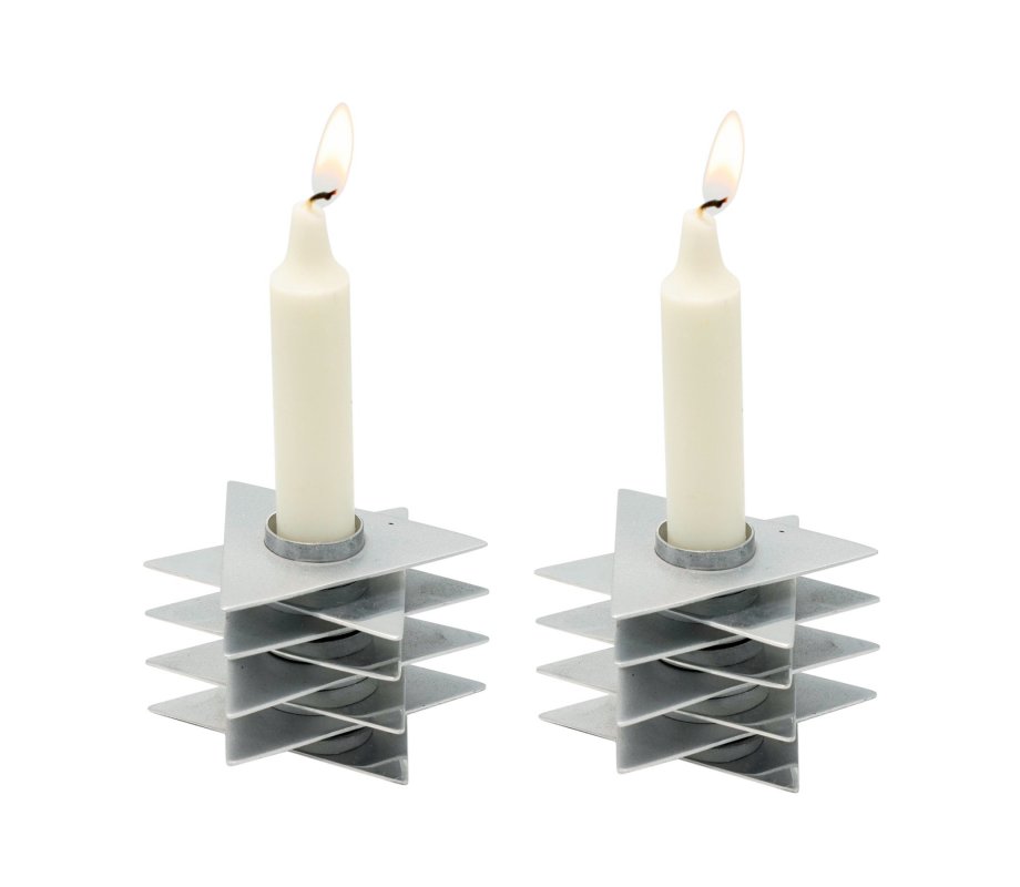 Yair Emanuel Shabbat Candlesticks, Stacked Triangle Stars of David - Silver