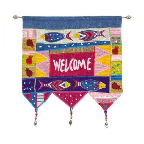 Yair Emanuel Silk Applique Welcome Wall Hanging, Fish - English