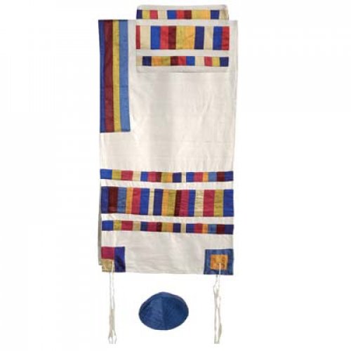Yair Emanuel Silk Tallit Set with Embroidered Silk Applique, Multicolor stripes