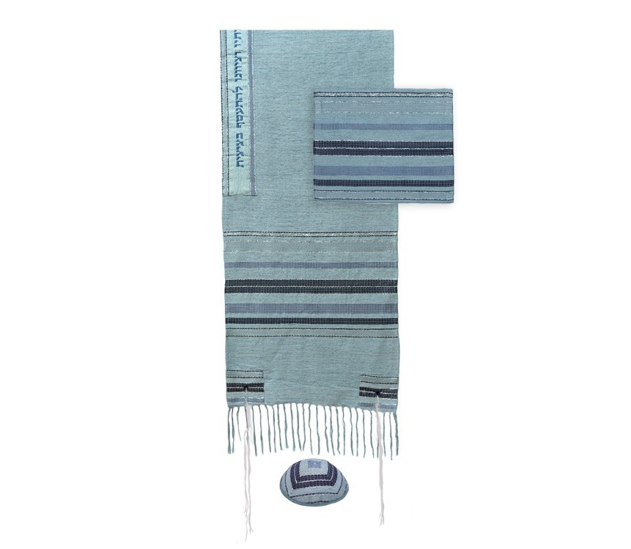 Yair Emanuel Silk-Cotton Tallit Set, Blue Stripes on Light Blue Background