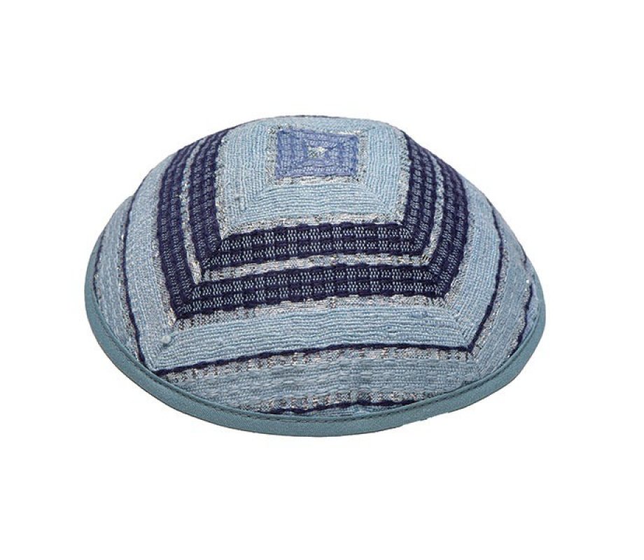 Yair Emanuel Silk-Cotton Tallit Set, Blue Stripes on Light Blue Background
