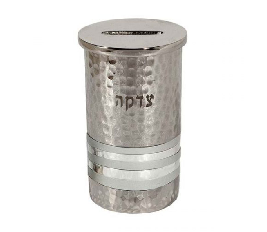 Yair Emanuel Silver Hammered Nickel Round Charity Box - Silver Rings