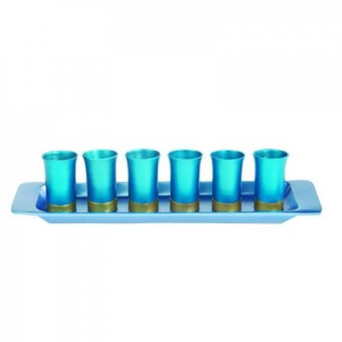 Yair Emanuel Six Anodized Aluminum Kiddush Cups and Tray  Metallic Colors