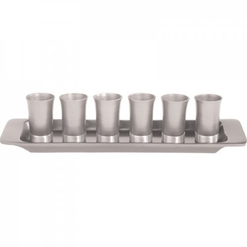 Yair Emanuel Six Anodized Aluminum Kiddush Cups and Tray  Metallic Colors