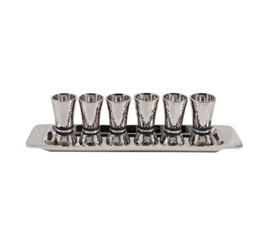 Yair Emanuel Six Hammered Aluminum Kiddush Cups and Tray - Black Bands