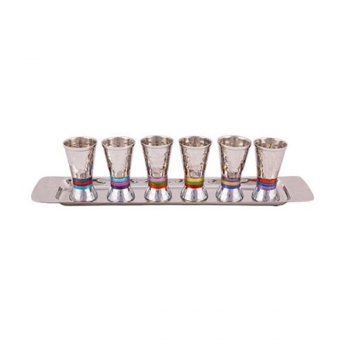 Yair Emanuel Six Hammered Aluminum Kiddush Cups with Tray - Multicolor Bands