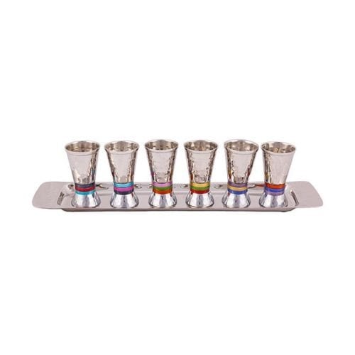 Yair Emanuel Six Hammered Aluminum Kiddush Cups with Tray - Multicolor Bands