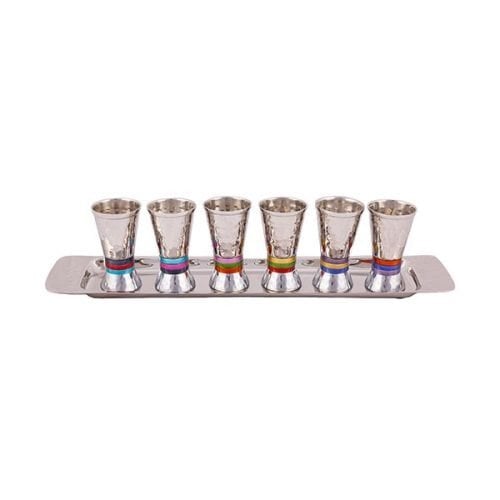 Yair Emanuel Six Hammered Aluminum Kiddush Cups with Tray - Multicolor Bands